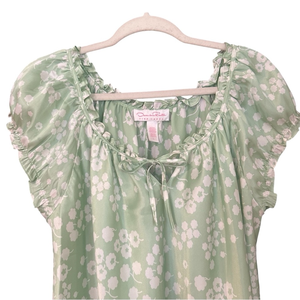 Vintage Oscar De La Renta Green Floral Chemise Satin Mini Slip Dress Large - Picture 2 of 5